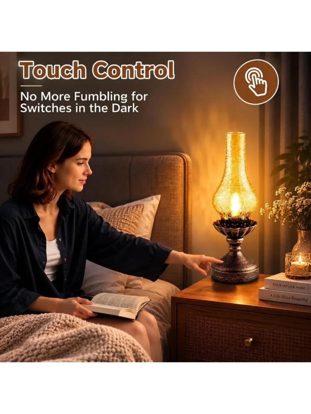 Rustic Vintage Touch Control Table Lamp | 3-Way Dimmable Amber Glass Shade for